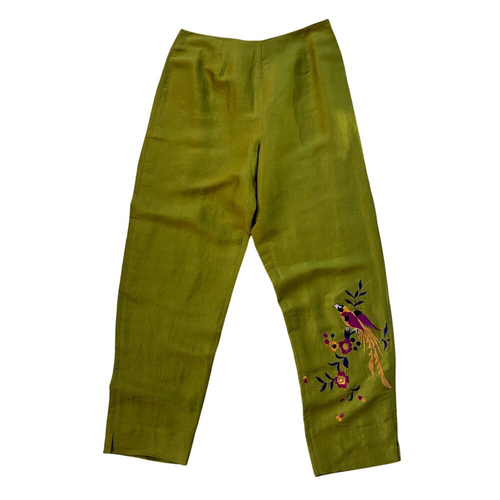 Vintage CLIO Silk Embroidered Chartreuse Green Pants Trousers Bird Floral Size 8
